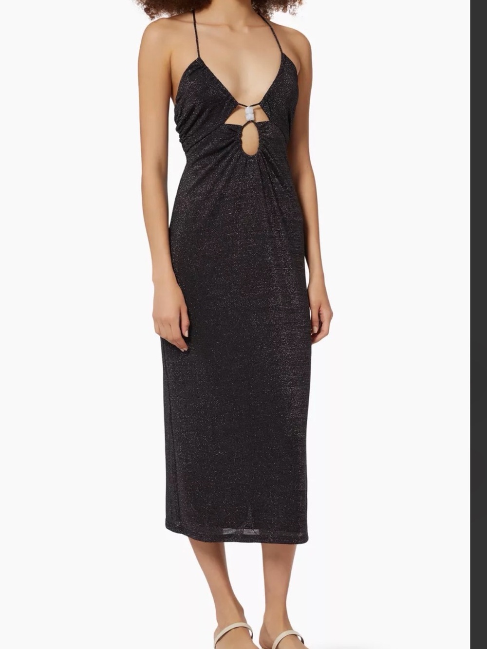 Shimmer Black Cutout Slip Midi Dress with Ring Detail